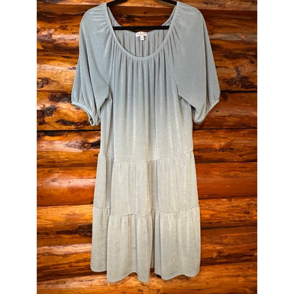 AVLN Studio Metallic Light Blue Babydoll Tiered Dress‎ Size Large